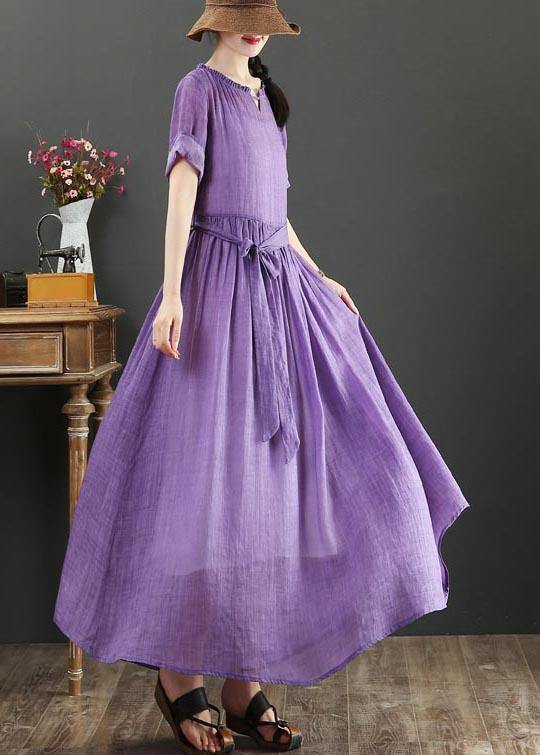 Purple Ruffled Maxi Summer Linen Dress