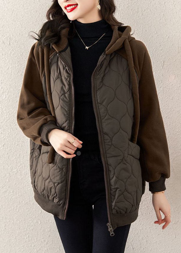 Chocolate Hooded Drawstring Patchwork Fine Cotton Filled Witner Coat