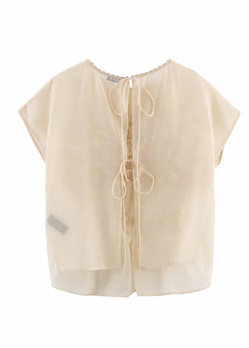Apricot O-neck Wrinkled Chiffon Top Summer