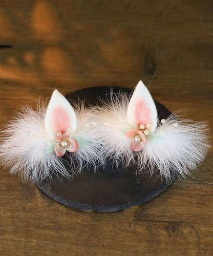 Watery Red Alloy Pearl Colored Glaze Cat's Ears Feather Hairpin and Ribbon Two-piece Set