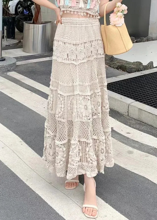 Loose Apricot Hollow Out Elastic Waist Skirts Summer