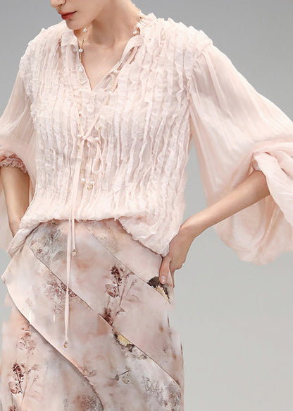 Pink V Neck Wrinkled Chiffon Tops Fall