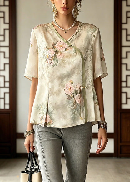 Light Green V Neck Patchwork Button Chiffon Top Summer