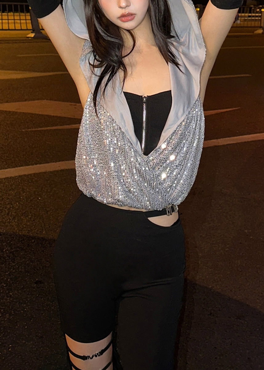 Cool Sequin Hooded Zipper Neck Hanging T-shirt Two-piece Set