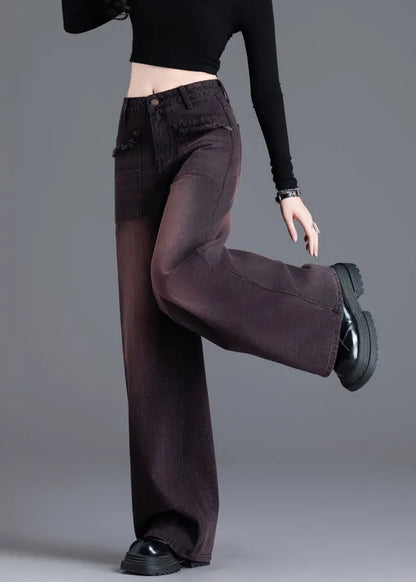 American Style Red Black High Waisted Warm Fleece Denim Wide Leg Pants Winter