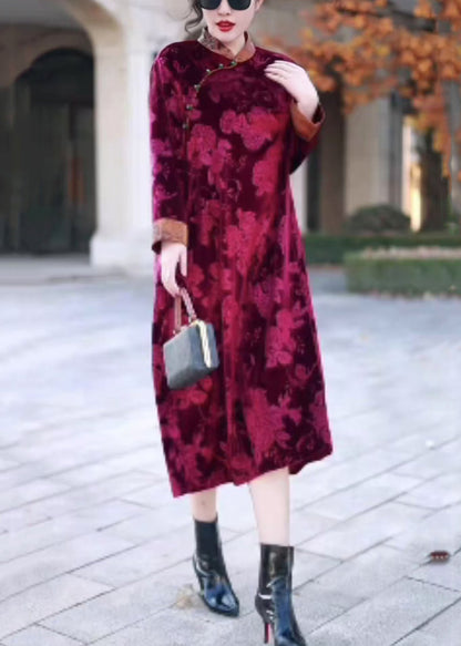 Red Button Patchwork Silk Velour Long Dress Stand Collar Winter
