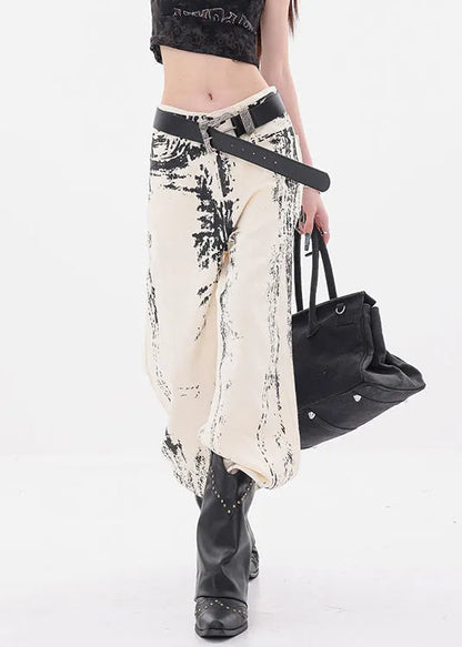 Art Apricot Print Pockets High Waist Denim Pants Fall