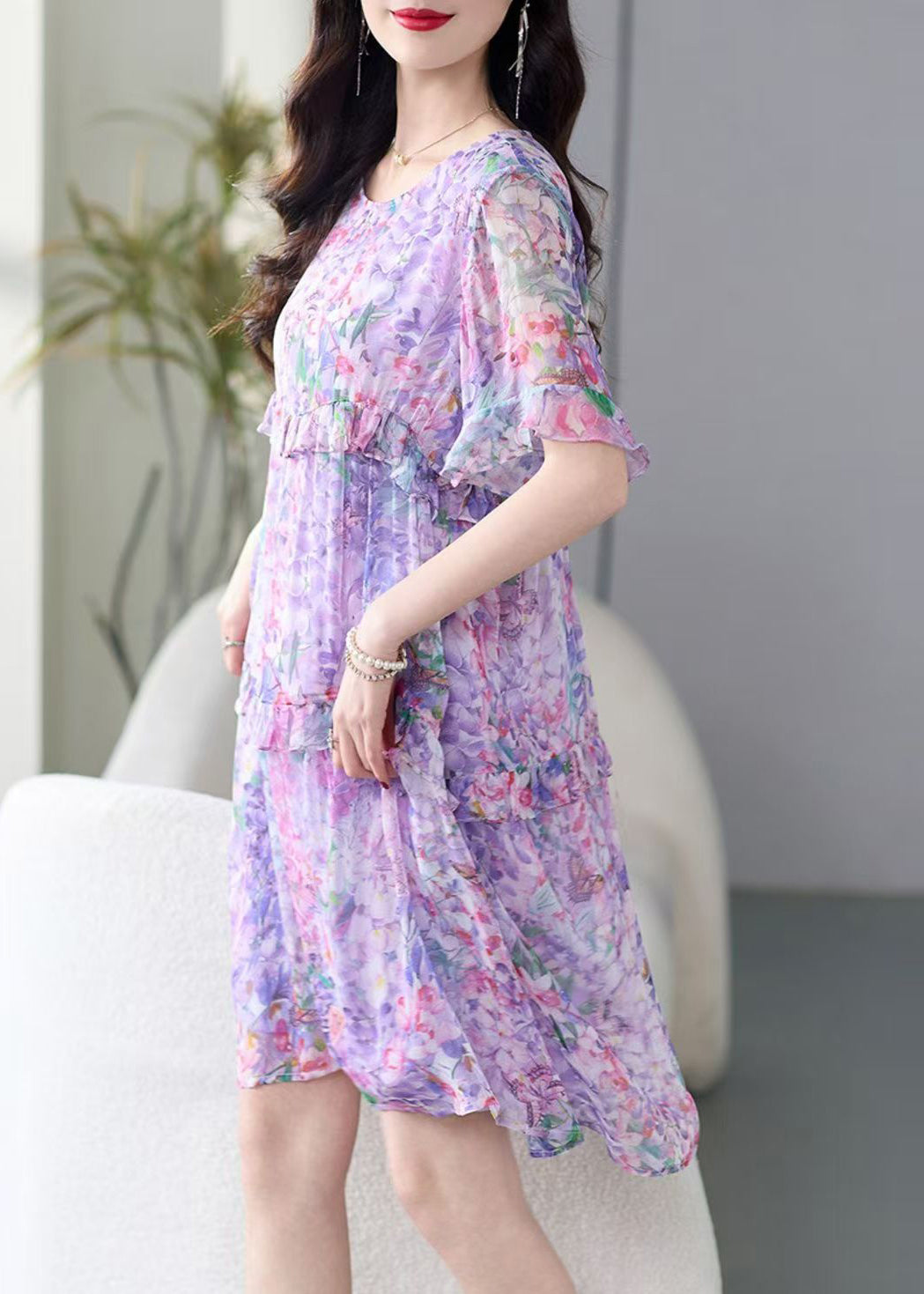 Italian Purple O-neck Ruffled Print Chiffon Dress Summer