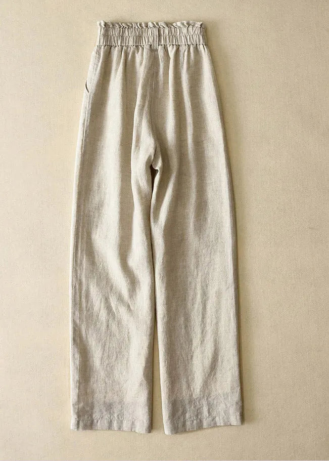 Grey High Waist Button Linen Straigh Pants Summer