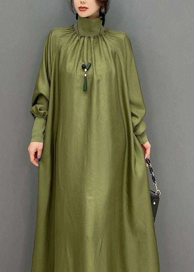 Green Loose Silk a Line Dresses High Neck Draping Spring