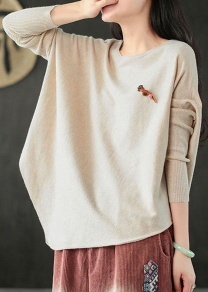 Italian Beige O-neck Asymmetrical Knit Tops Spring