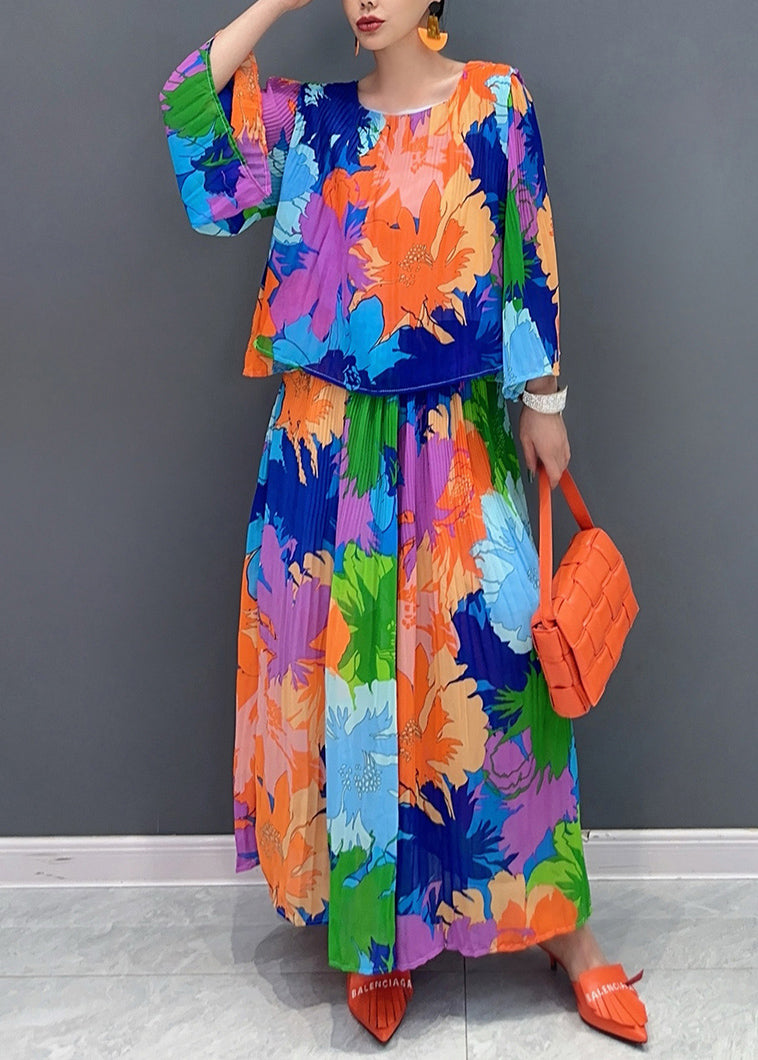 Organic Rainbow O-neck Print Top and Wide Leg Pants Two Piece Suit Set Fall