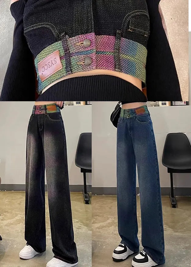 Style Blue High Waist Patchwork Denim Straight Pants Spring