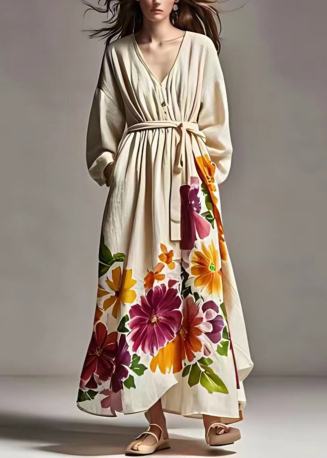 Beige Print Pockets Tie Waist Cotton Long Dresses Fall