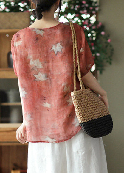 Boutique Red O-neck Print Linen Short Sleeve
