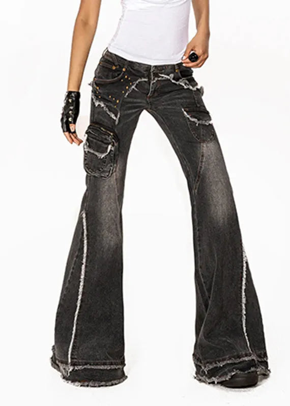 Retro Dark Grey High Waist Pockets Patchwork Jeans Summer