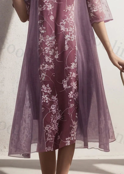 French Purple Print Patchwork Silk Holiday Dress Summer