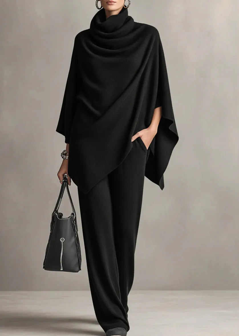 Loose Camel Turtleneck Pockets Tops and Pants Two-piece Set