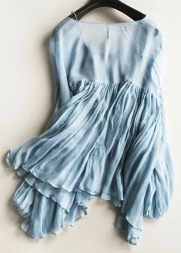 Blue Wrinkled Chiffon Shirt and Spaghetti Strap Two Pieces Set Lantern Sleeve