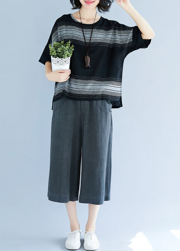 Black Oversized Striped Cotton Tanks Short Sleeve