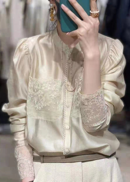 White Stand Collar Button Lace Patchwork Silk Blouses Long Sleeve
