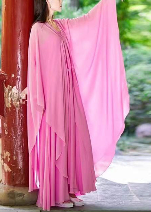 Pink V Neck Tasseled Chiffon Two-piece Set Spring