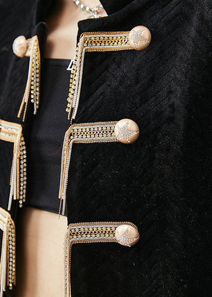 Black Tasseled Metal Buttons Silk Velour Jacket Fall