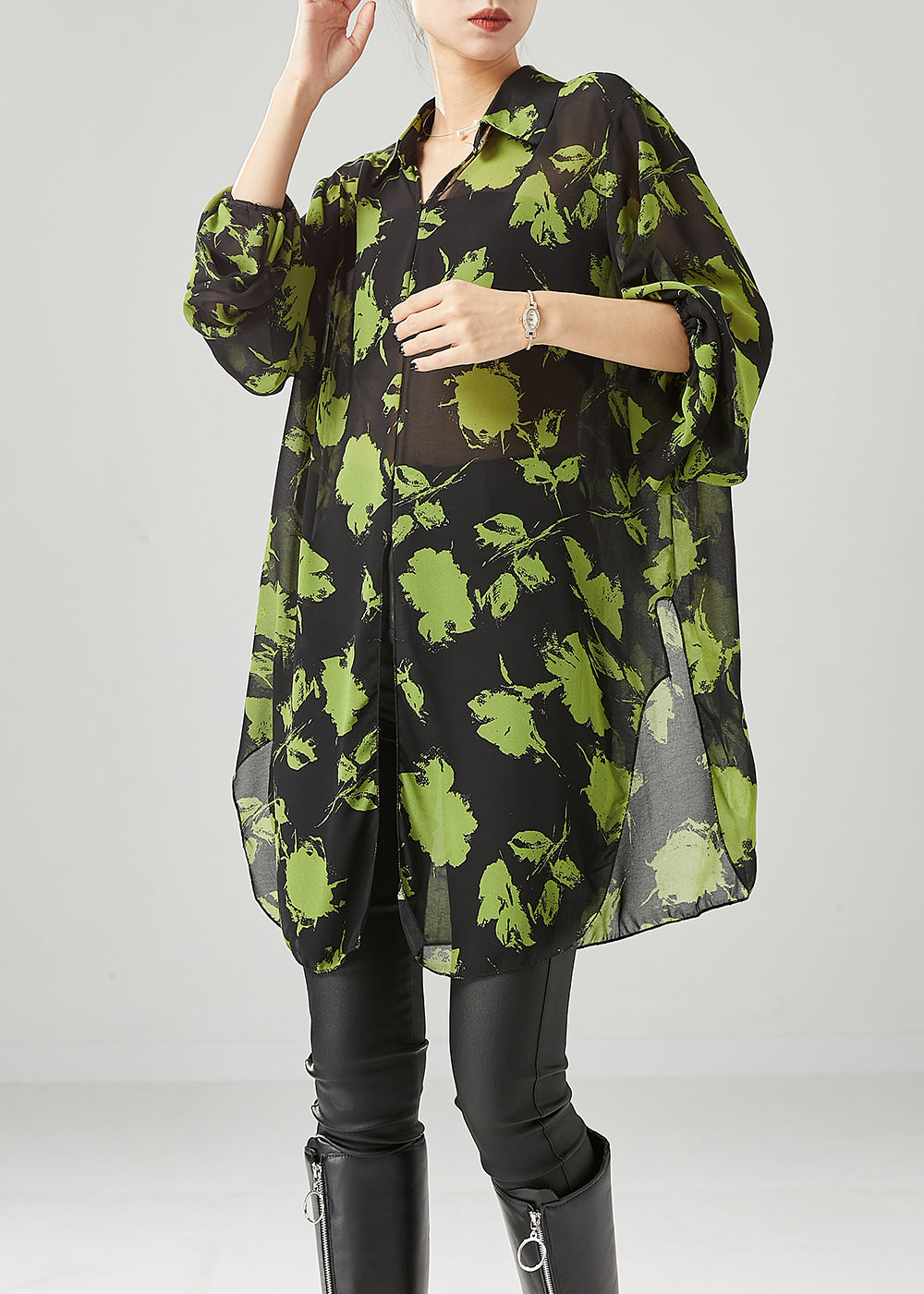 Green Print Chiffon Upf 50+ Shirt Tops Oversized Fall