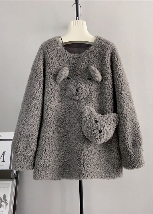 Coffee O Neck Wool Loose Teddy Bear Winter Pullover