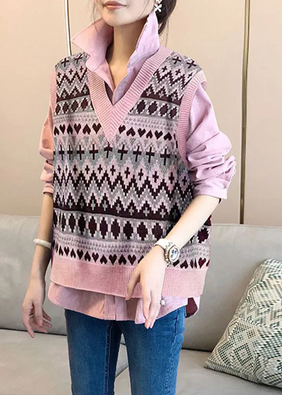 French Pink Peter Pan Collar Shirts and Vest Knit Two Piece Suit Set Fall
