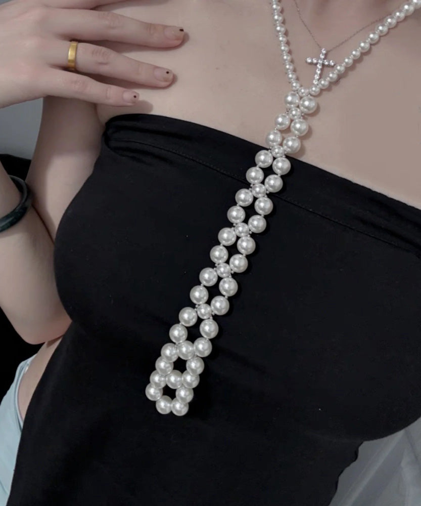 White Alloy Pearl Sweater Gratuated Bead Necklace