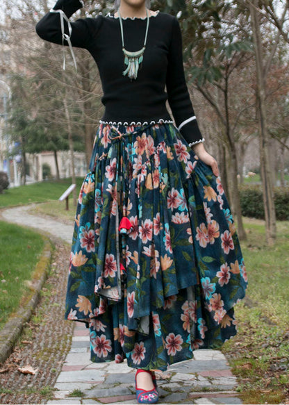 Green Wrinkled Asymmetrical Print Patchwork Cotton Skirts Fall