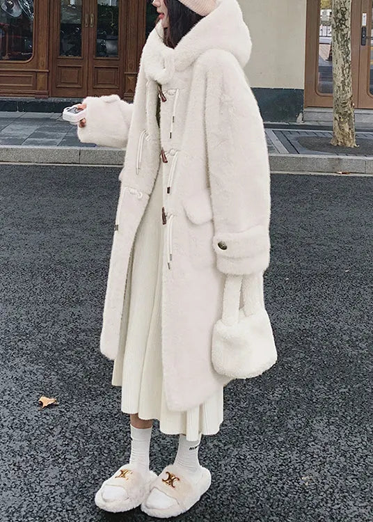 White Hooded Pockets Mink Velvet Coats Spring