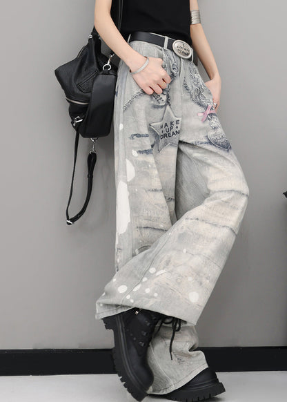 Original Design Print High Waist Denim Wide Leg Pants Fall