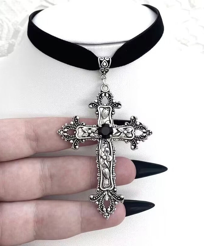 Black Genuine Leather Cross Pendant Necklace