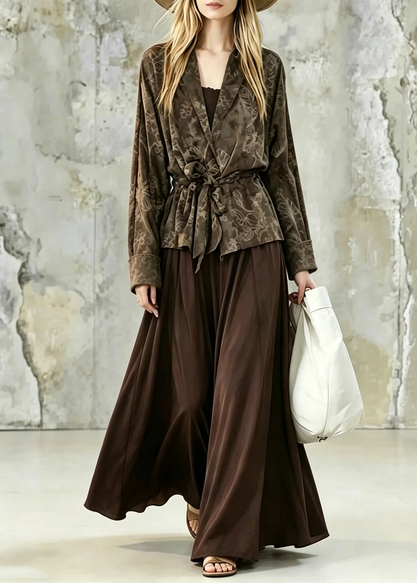 Print Tie Waist Shirt and Maxi Skirts Two Pieces Set Fall