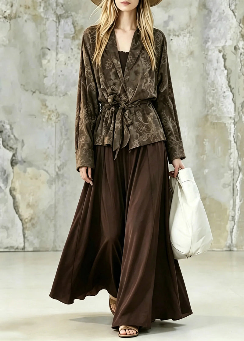 Print Tie Waist Shirt and Maxi Skirts Two Pieces Set Fall