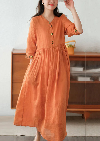 Orange Wrinkled Embroideried Linen Dress Two Piece Set Short Sleeve