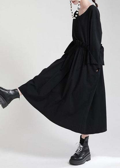 Black O-neck Patchwork Pockets Fall Dress Long Sleeve