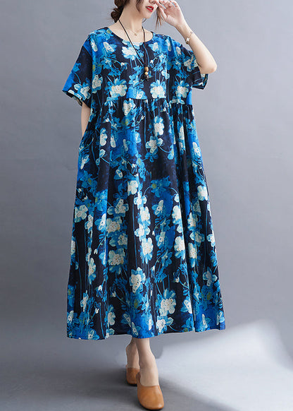 Blue Print Patchwork Vacation Maxi Dresses Short Sleeve