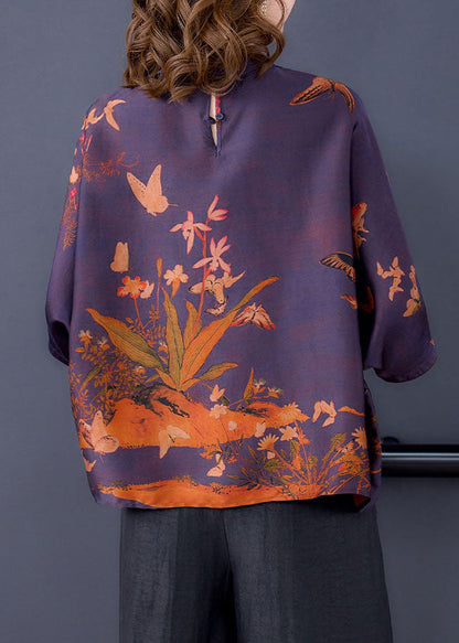 Purple Stand Collar Print Silk Shirts and Pants 2 Piece Outfit Half Sleeve