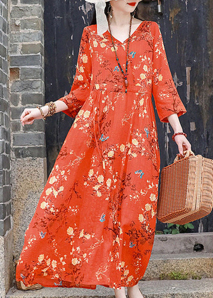 Orange V Neck Print Cotton Linen Party Dress Bracelet Sleeve