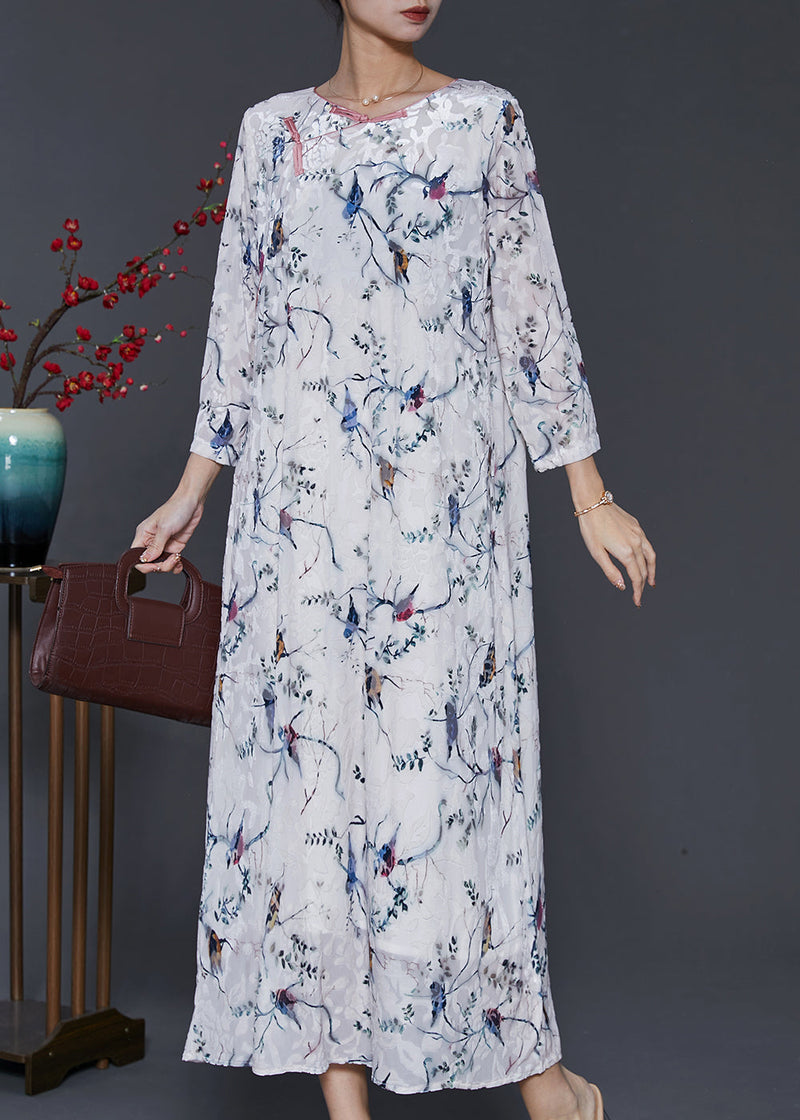White Chinese Button Print Silk Velour Dress Spring