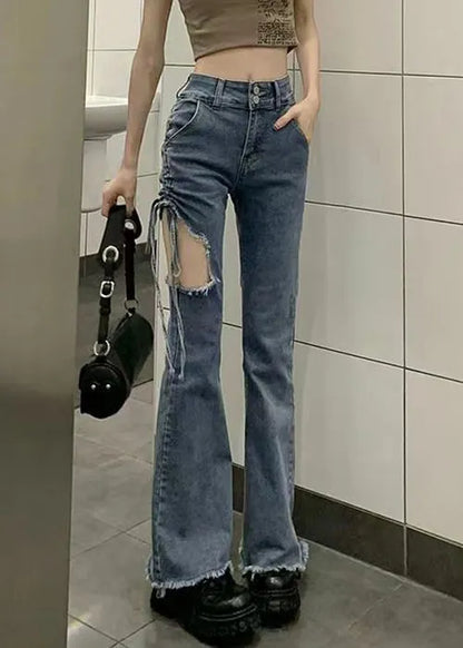 Modern Blue Hole Cinched High Waist Denim Pants Spring