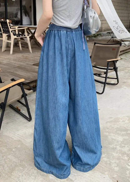 Navy Elastic Waist Denim Wide Leg Pants Summer