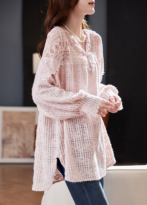 Pink Nail Bead Hollow Out Lace Shirt Spring