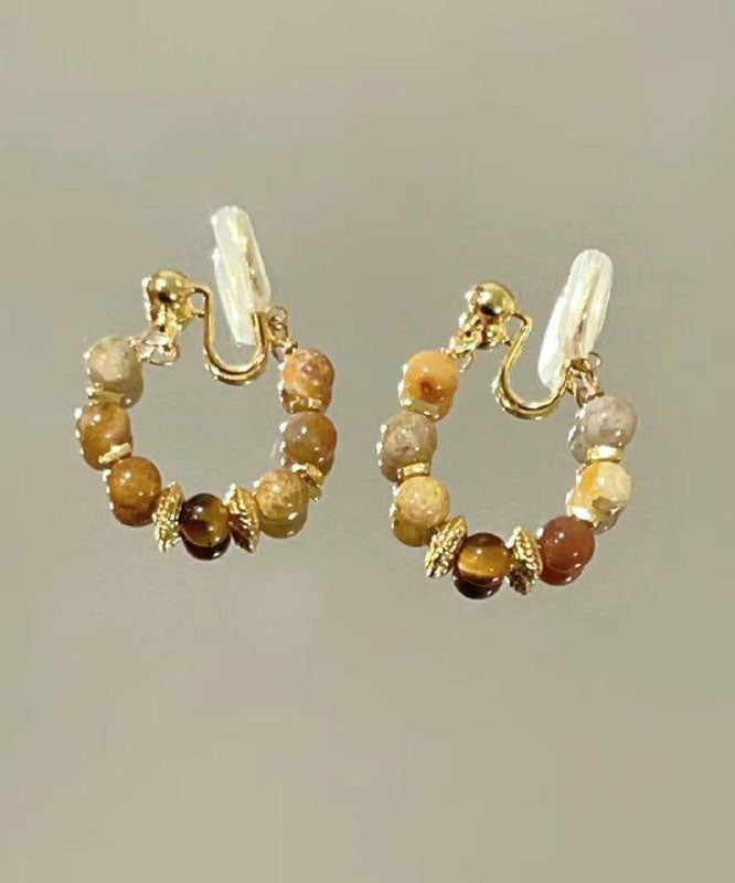 Retro Brown Copper Overgild Tiger's-eye Broken Hoop Earrings