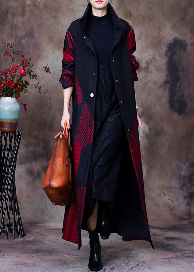 Mulberry Stand Collar Asymmetrical Patchwork Button Woolen Maxi Coat Long Sleeve