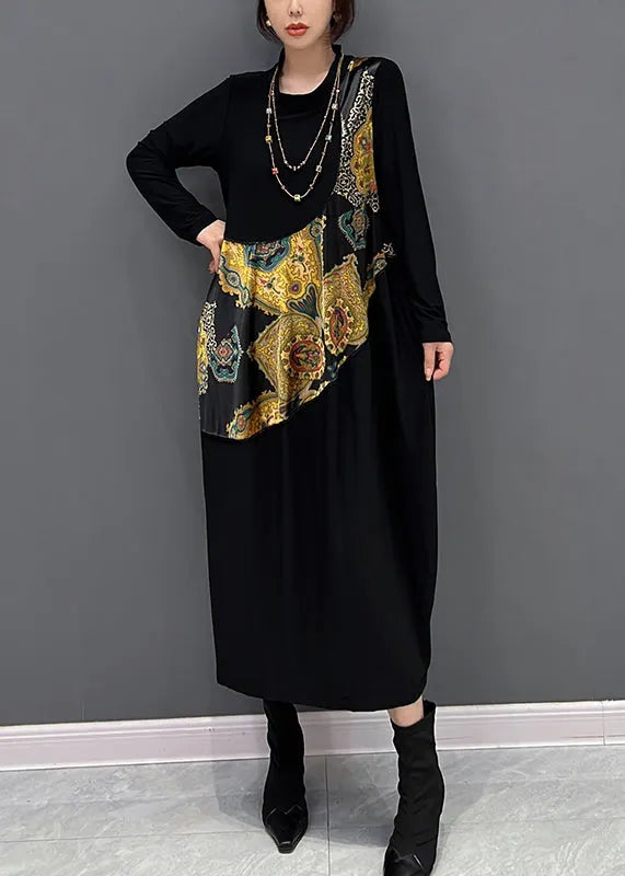 Simple Black O-neck Print Vacation Dresses Fall