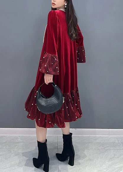 French Red Wrinkled Zircon Patchwork Silk Velour Dress Spring